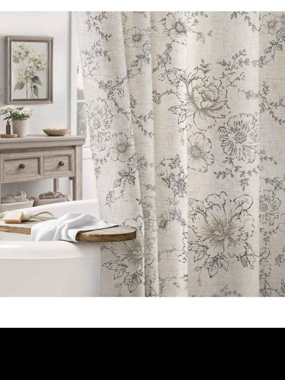 Farmhouse Floral Linen Shower Curtain, Vintage Grey Pattern Rustic Shower Curtai